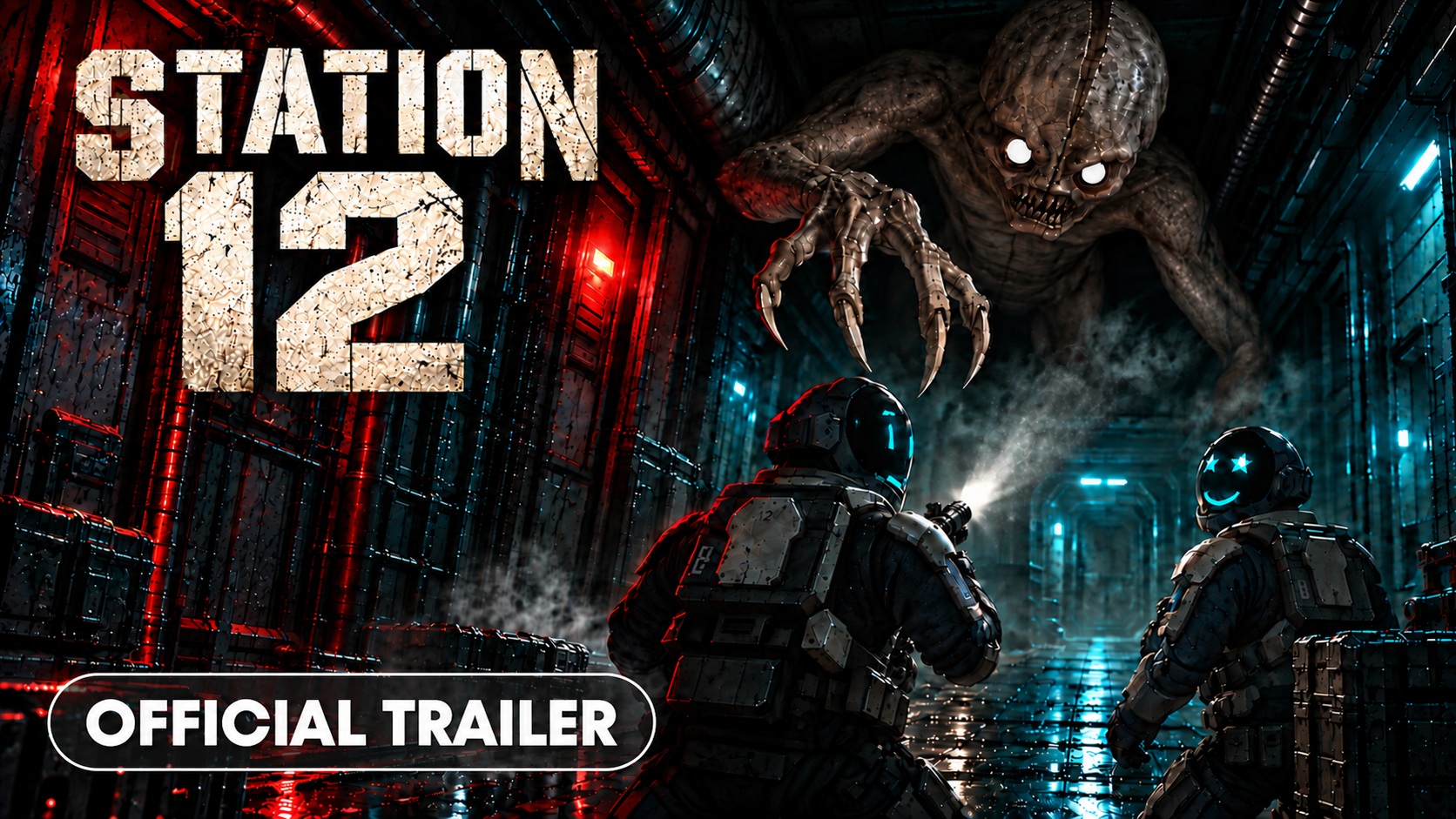 Station12 official trailer: the Monster towers over two crew members in a red and blue lit corridor